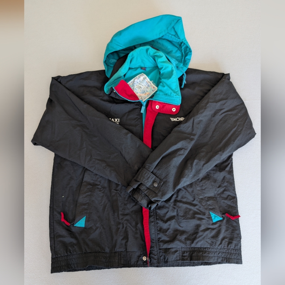 90s Monroe Maxi Muffler Racing Hooded Colorblock Windbreaker Jacket Black Teal L